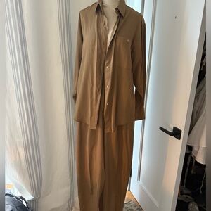 100% Silk Brown Button-Up Shirt and Pants Set